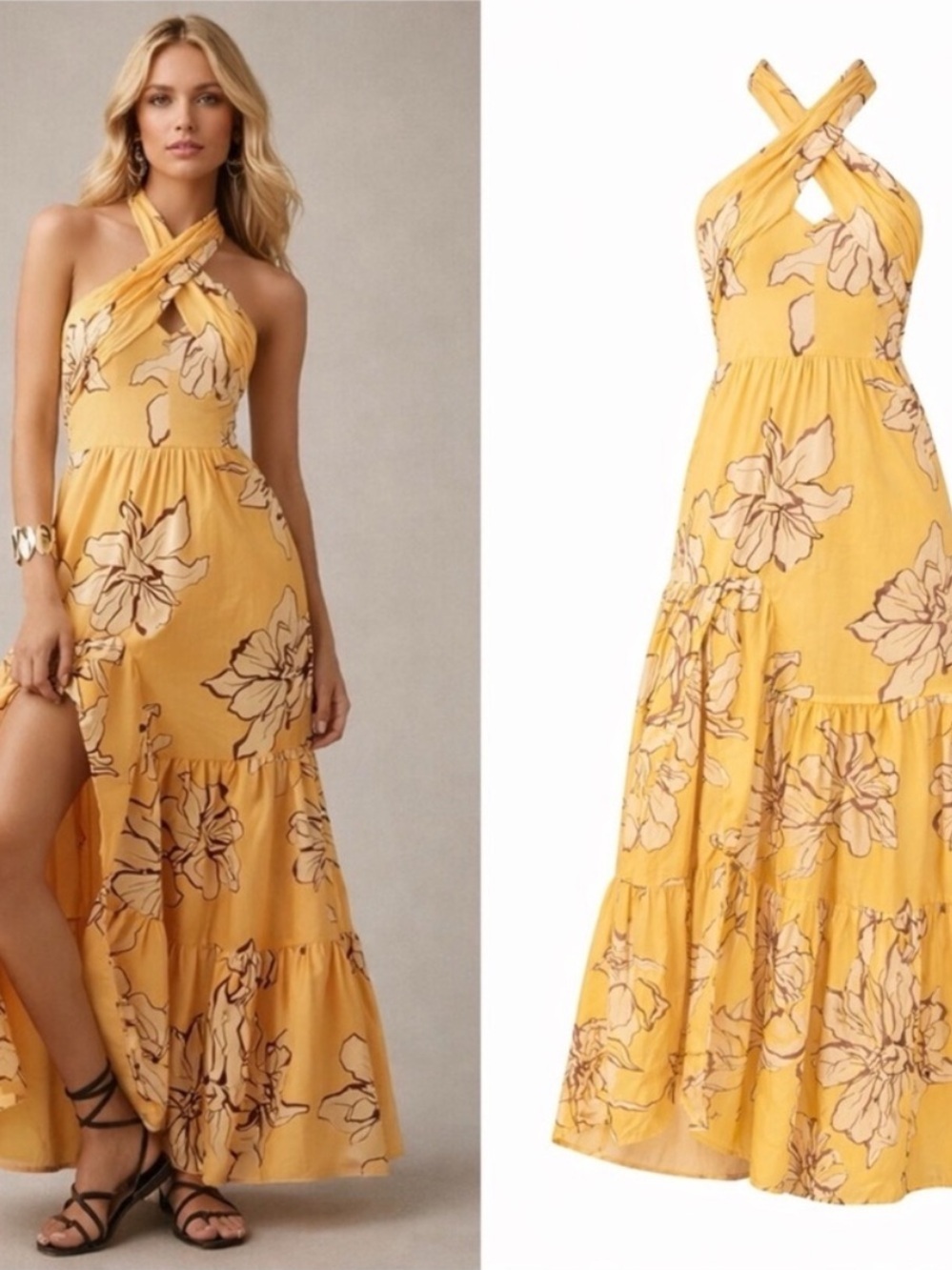 Anthropologie Hutch Dress Halter Maxi Ruffle in Maize Yellow Floral - Picture 2 of 6